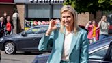 Queen Maxima of the Netherlands Suits Up With Max Mara in Shades of Light Green for Visit to Mental Health Organization Mind Us
