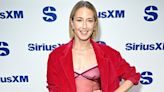 Carrie Coon bares belly in sheer tank top beneath red pantsuit in NYC