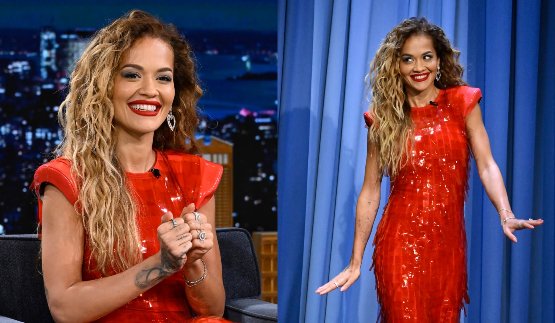 ...Embraces Futuristic Flairs in Red Sportmax Dress With Sharp Shoulders for ‘Jimmy Fallon’ Appearance, Talks ‘Descendants’ Movie