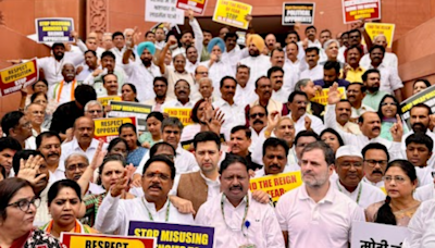 'Bhaajpa mei jaao bhrashtachar ka licence pao ...': Opposition stages protest in Parliament against alleged central agencies' 'misuse'