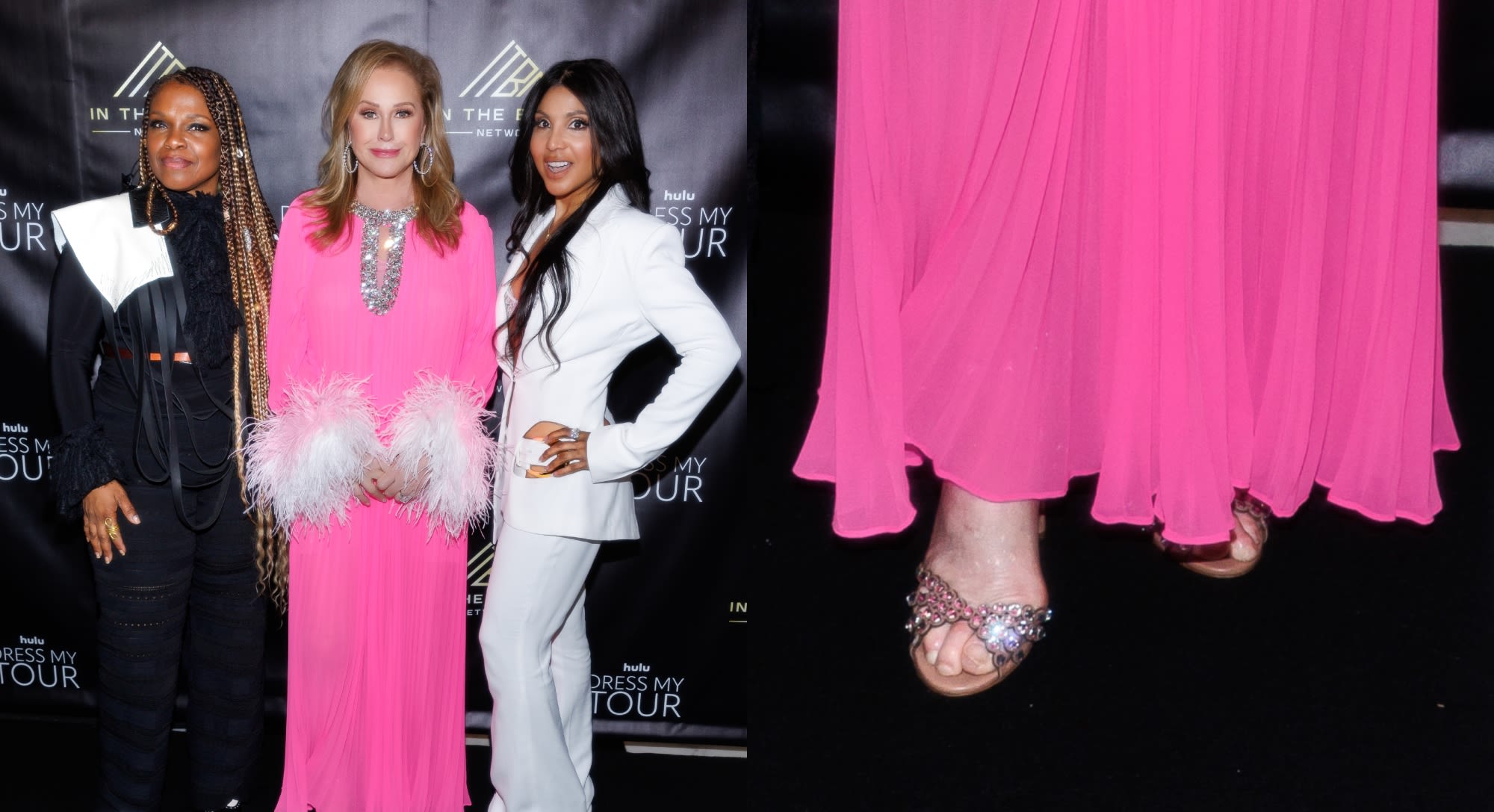 Kathy Hilton Stands Out in Sparkling Manolo Blahnik Sandals and Pink Self-Portrait Dress to Host ‘Dress My Tour’ Premiere