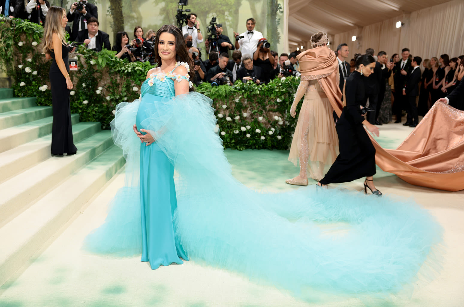 Lea Michele Cradles Baby Bump in Turquoise Gown at 2024 Met Gala