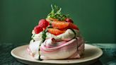 Peppery pink grapefruit pavlovas with sweet rocket drizzle recipe