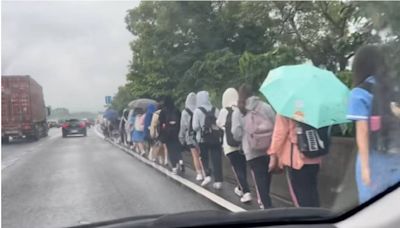 校車突拋錨！國道驚見「一長條學生」淋雨步行 警方出手開罰了