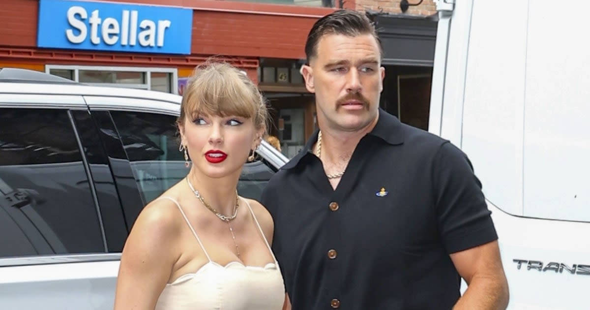 Taylor Swift attends New York wedding wearing cream floral dress with Travis Kelce