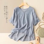 棉麻女刺繡寬鬆V領棉麻上衣女藝文復古設計感小眾2021新款棉麻襯衫  寧佳依閣