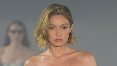 Gigi Hadid sports mini dress made from DHL parcel tape