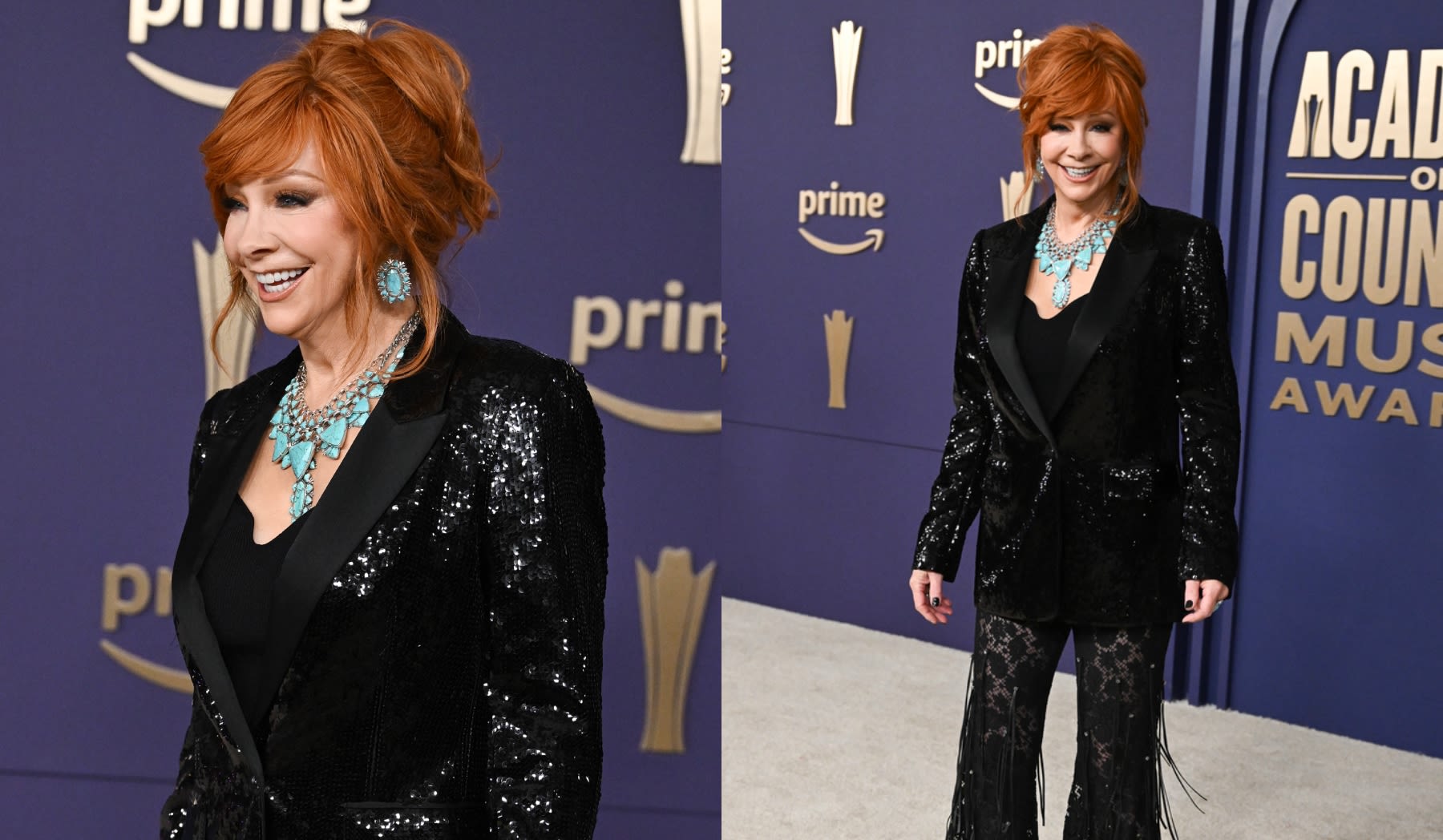 Reba McEntire Brings Country Glamour to ACM Awards 2024 in Transparent Lace Roberto Cavalli Look on the Red Carpet