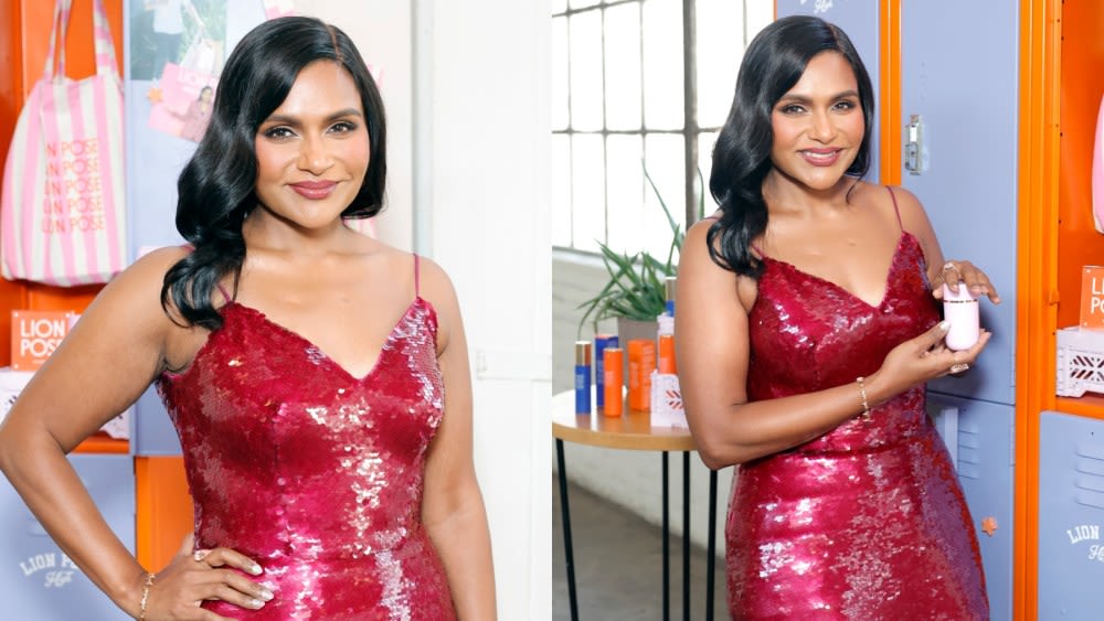 Mindy Kaling Puts a Sparkling Twist on the Red Trend in Monique Lhuillier Minidress for Lion Pose Launch Event