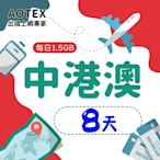 【AOTEX】8天中港澳上網卡4G/5G網路每日1.5GB高速流量中國上網卡中國大陸上網卡香港上網卡澳門上網卡SIM卡預付卡手機卡