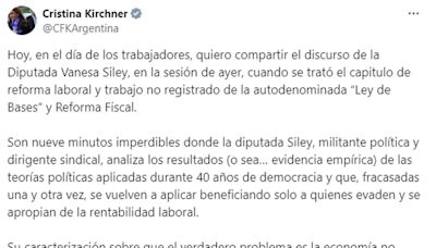 Cristina Kirchner compartió una crítica contra Milei que lo compara con Zaffaroni por su política fiscal
