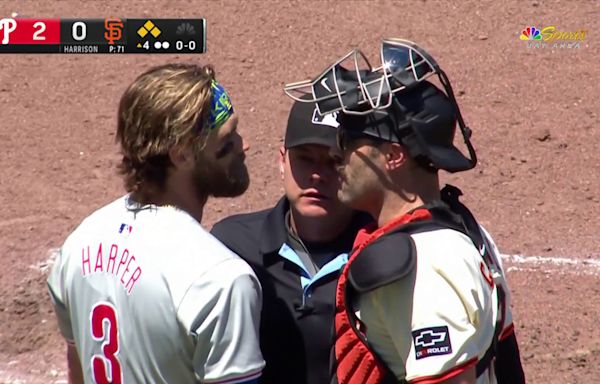 Benches clear after Harrison buzzes Harper in Giants-Phillies game