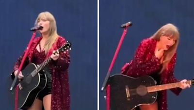 Taylor Swift chokes on a bug while performing All Too Well in London, requests fans to sing for her. Watch
