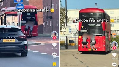 WATCH as males cling to back of moving TfL bus in Sutton