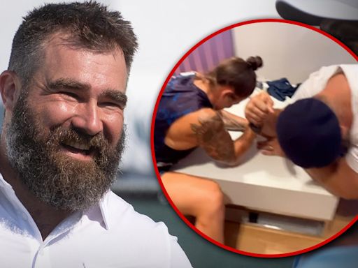 Jason Kelce Arm Wrestles Female Olympian, Wife Kylie Says He's a Cheater