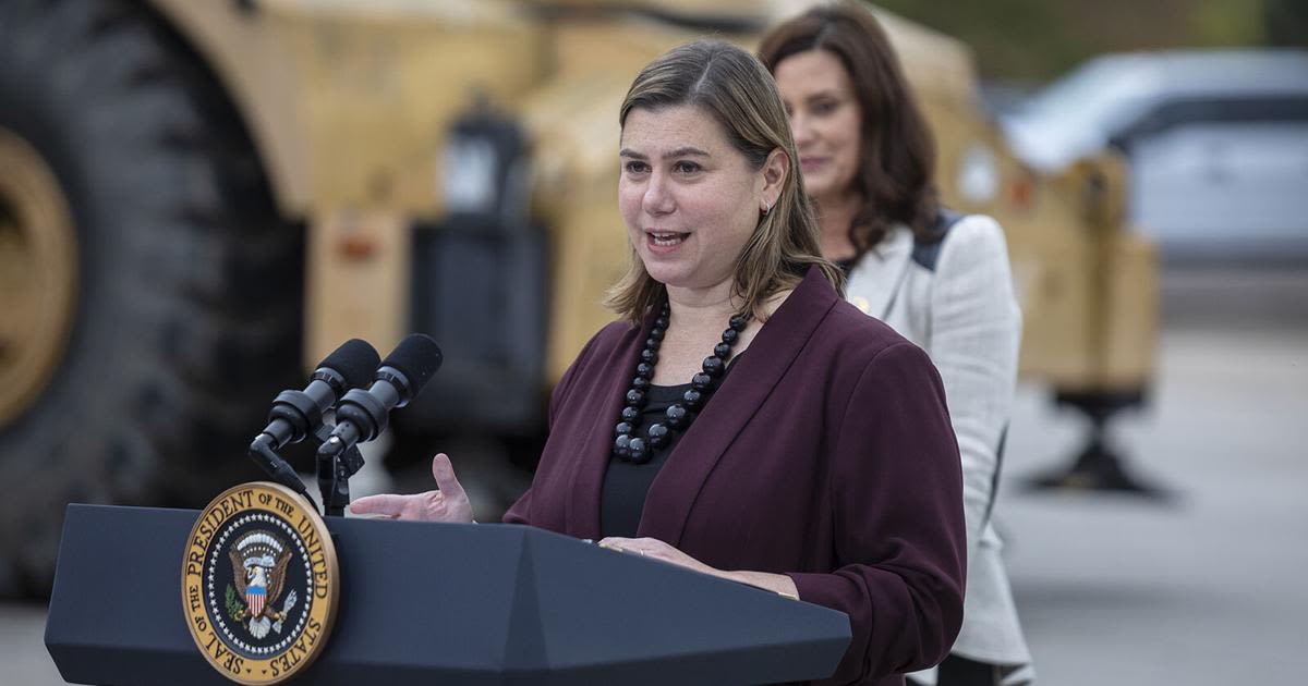 Elissa Slotkin, D- Mich., speaks before U.S. President Joe Biden at the International Union of Operating Engineers Local 324 on Oct...