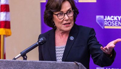 Jacky Rosen, D- Nev., speaks at a news conference to call on Brightline West's project to construct a high-speed rail system between Las Vegas and Southern California on ...