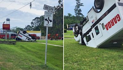 Armored truck flips, lands upside down in front of bank in Nassau County