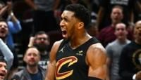 Donovan Mitchell of the Cleveland Cavaliers reacts in the fourth quarter of the Cavs' series-clinching win over the Orlando Magic in the NBA playoffs