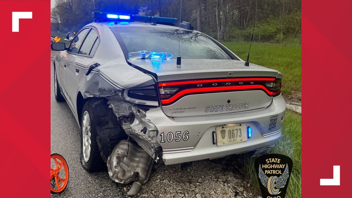 Ohio state trooper injured after vehicle slams into back of patrol car in North Ridgeville