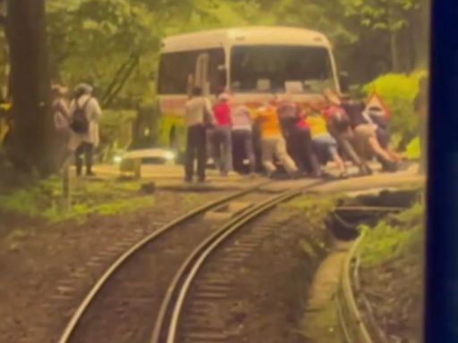 驚險！阿里山遊園車「刁車」卡鐵軌 乘客急推車