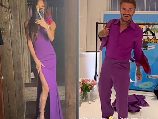 David and Victoria Beckham Rewear Iconic Purple Wedding Outfits for 25th Anniversary: ‘It Fits’