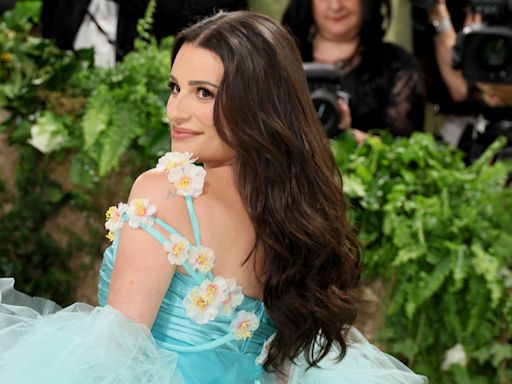 Pregnant Lea Michele is Radiant in Turquoise With a Waterfall Train at Met Gala 2024