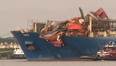 SLIDESHOW: Up-close photos of damage to Dali as ship leaves Key Bridge collapse site