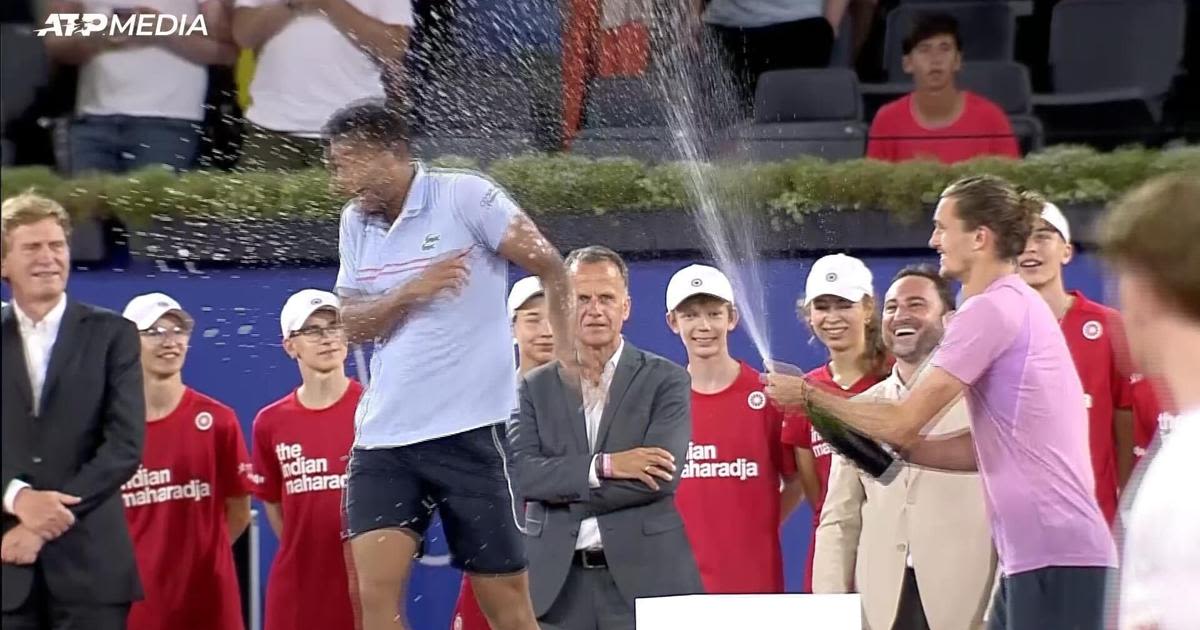 Moment: Friends in the end? Zverev soaks Fils in champagne after tense Hamburg final
