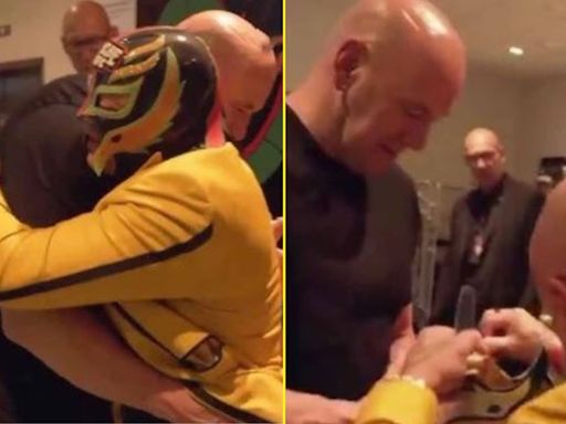 Rey Mysterio takes off custom-made mask and gifts it to Dana White at UFC 306