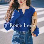 Rouje Irene法式2023新款克萊因藍別致v領百搭簡約打底衫毛衣女