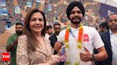 IOC member Nita Ambani felicitates shooter Sarabjot Singh after bronze medal triumph | Paris Olympics 2024 News - Times of India