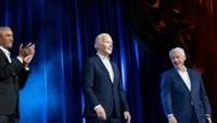 US President Joe Biden and former president Barack Obama step off Air Force One upon arrival at John F. Kennedy International Airport in the...