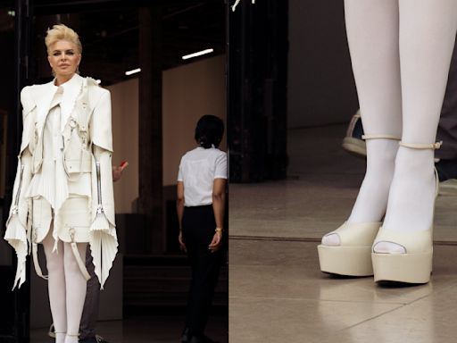 Lisa Rinna Pairs Platform Peep-Toe Heels With Abstract Outfit for Robert Wun Couture Show During Paris Fashion Week