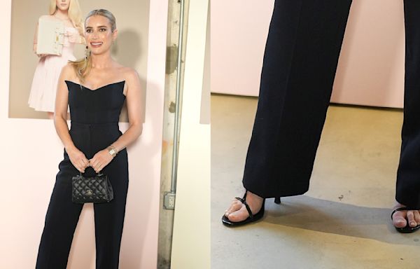 Emma Roberts Attends Fashionphile Event In Strappy Heeled Sandals and Angular Top