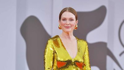 Julianne Moore Is a Glittery Gold Goddess in Custom Bottega Veneta Gown at Venice Film Festival