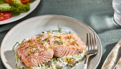 Poached salmon with zucchini tzatziki is an easy but impressive dish