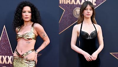 ...Halsey Shimmers in Sequined Gold Dress With Hip Cutouts, Mia Goth Mixes Velvet and Leather and More From the ‘MaXXXine’ Red...