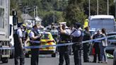 Bloodied children flee a stabbing attack in England. 8 people are hurt and a 17-year-old is arrested