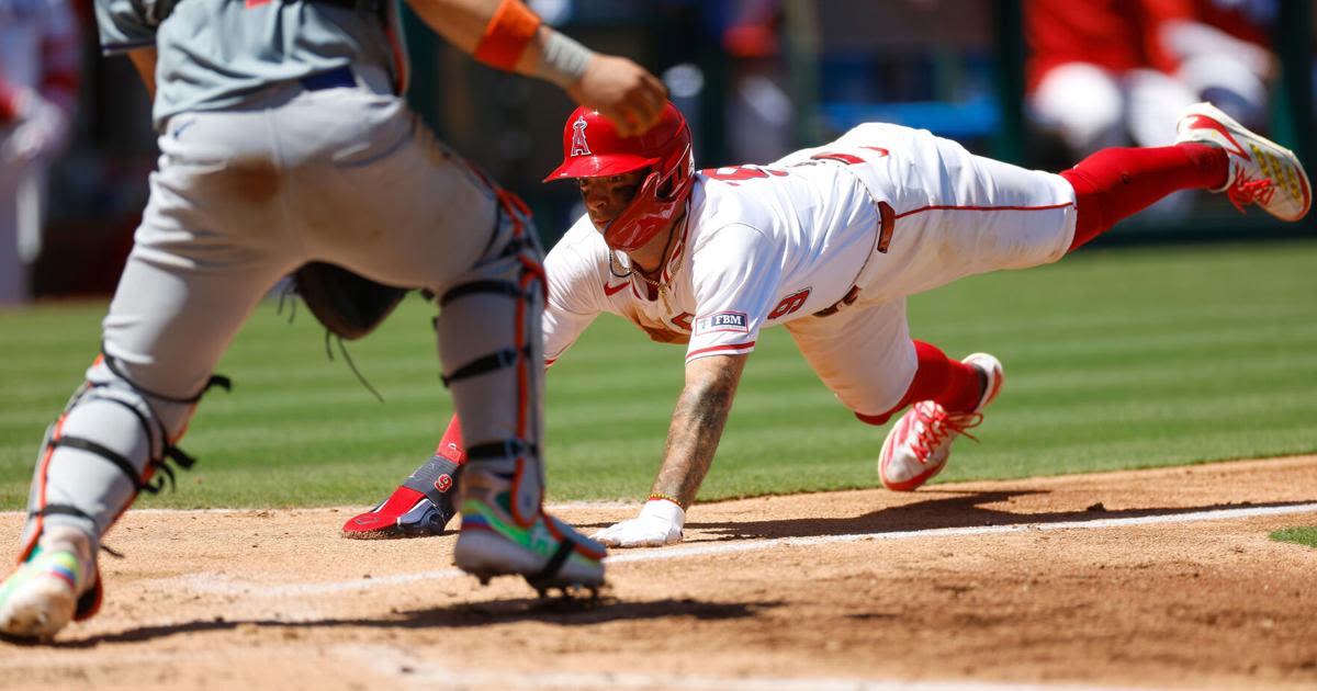 Zach Neto of the Los Angeles Angels slides into home plate to score on a sacrifice...game against the New York Mets at Angel Stadium of Anaheim on Sunday...
