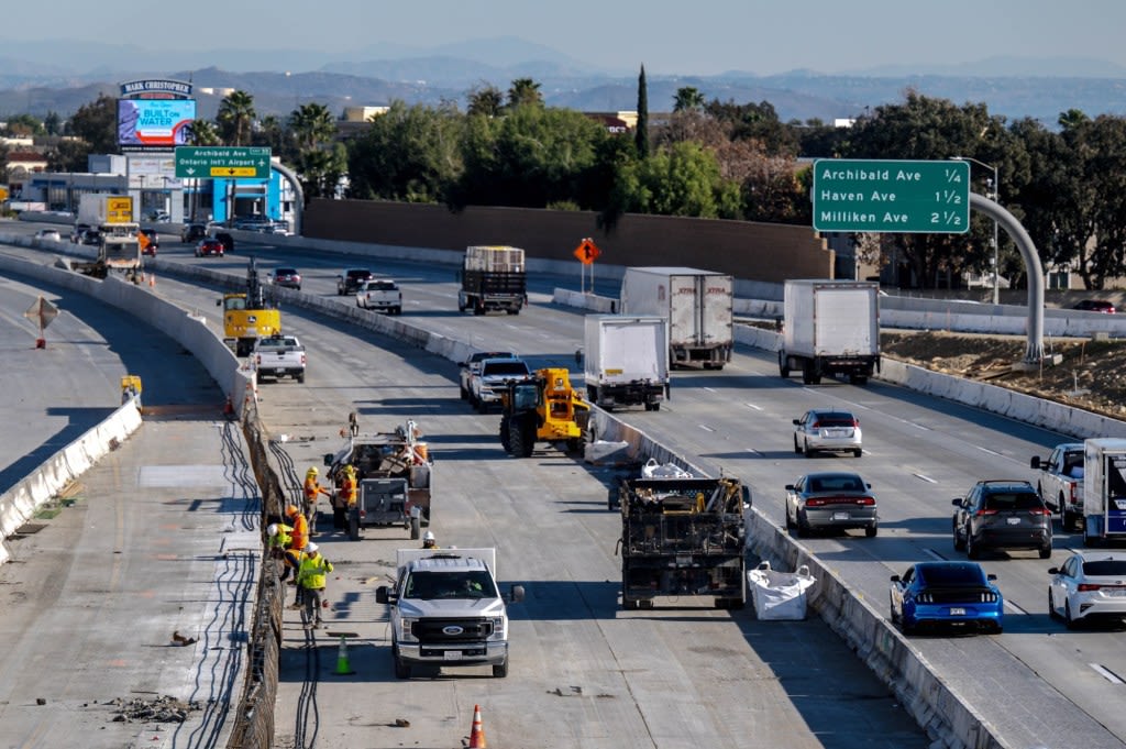 Why is the concrete center median along the 10 Freeway in Ontario being redone?