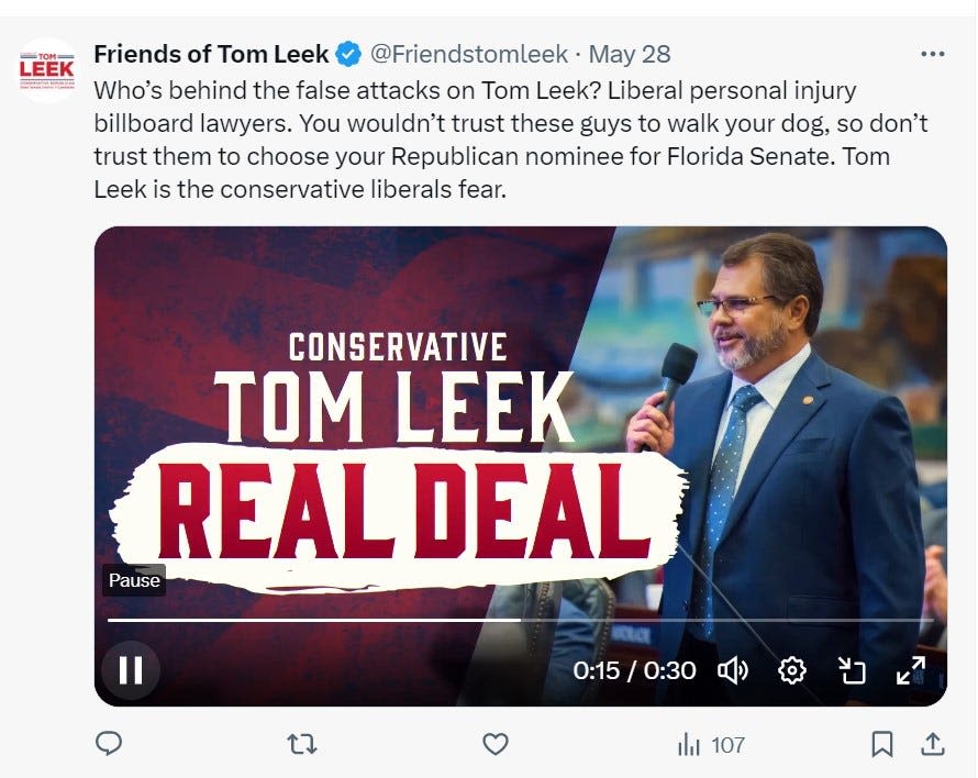Tom Leek ad says 'billboard lawyers' are behind attacks on him; John Morgan disputes that