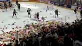 Watch wholesome hockey moment that has fans throw thousands of teddy bears onto the ice