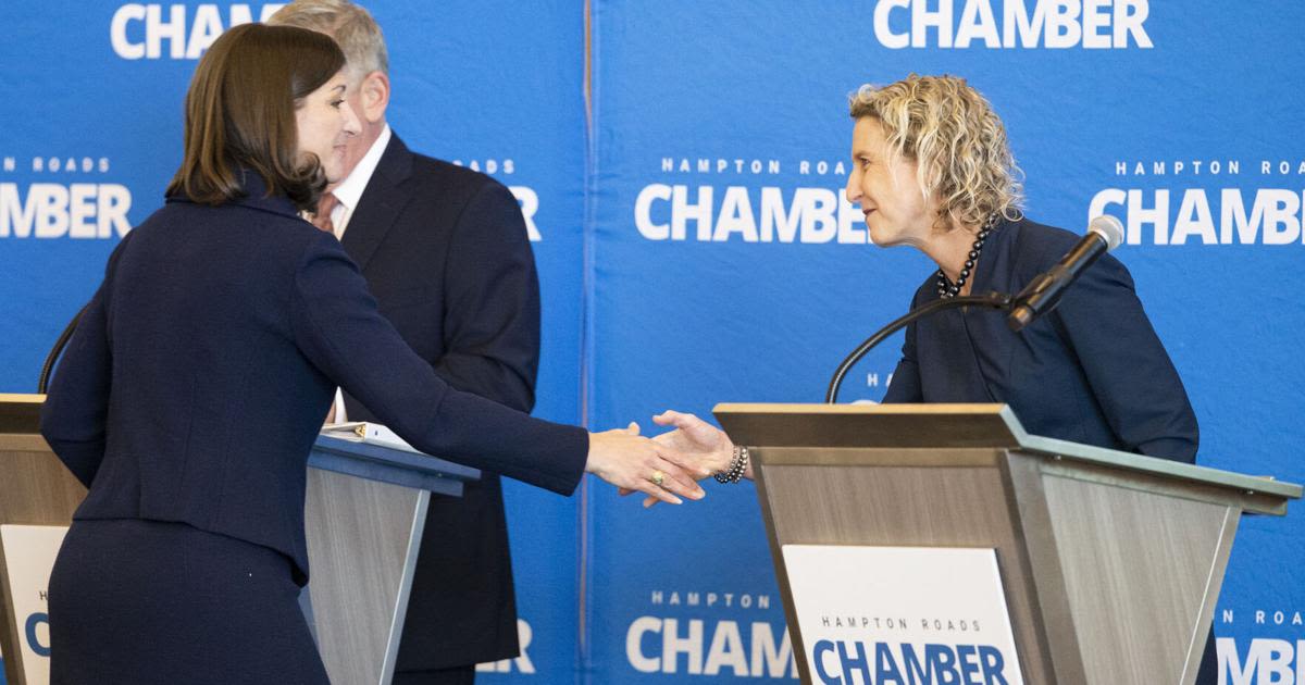 ...Elaine Luria and Virginia State Senator Jen Kiggans shake...conclusion of their debate at the Marriott Virginia Beach Oceanfront in Virginia Beach...