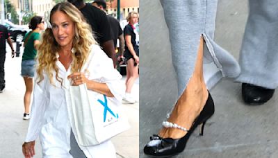 Sarah Jessica Parker Pairs Sweatpants With Whimsical Kitten Heels on Set of ‘And Just Like That’