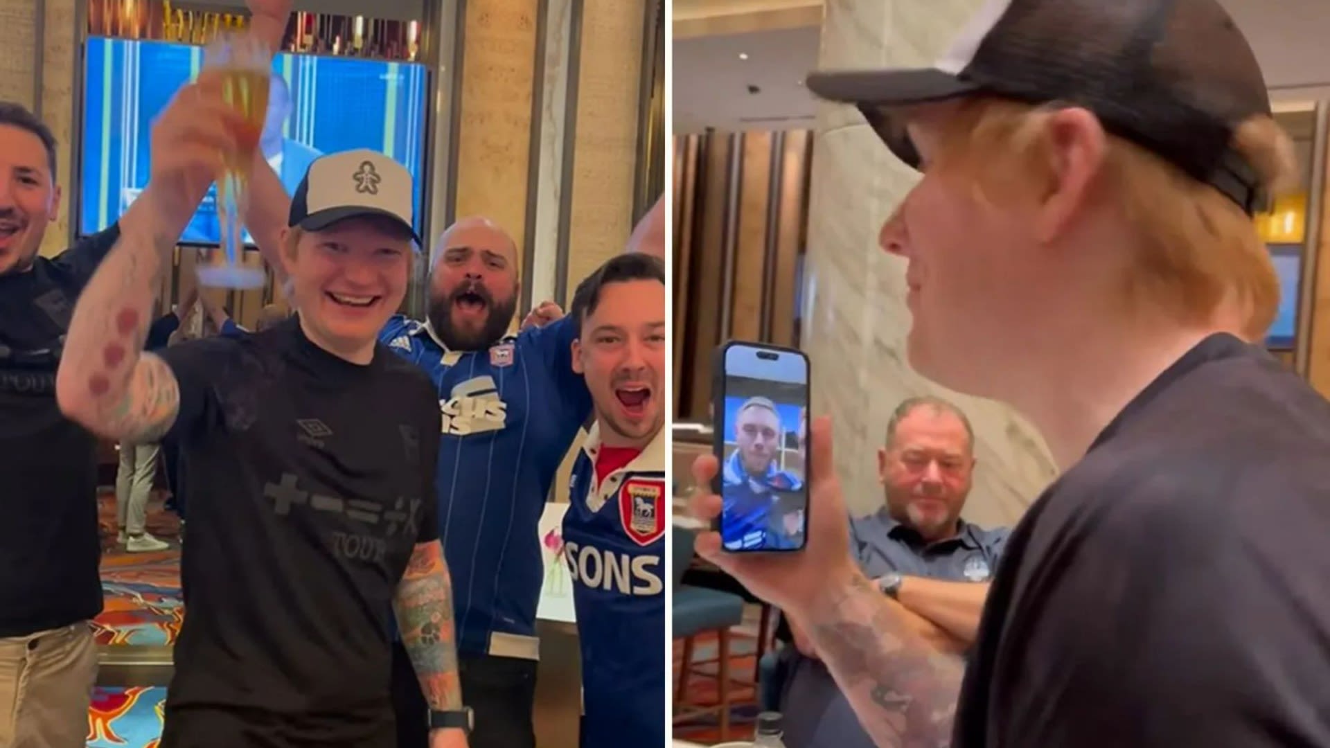 Watch Ed Sheeran down beer as he celebrates Ipswich's rise to Premier League