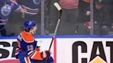 Edmonton's Mattias Janmark celebrates after scoring against the Dallas in Wednesday's series-leveling win