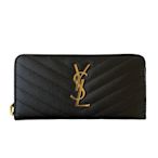 YSL SAINT LAURENT Monogram 魚子醬 牛皮 金logo 拉鍊式 皮夾 長夾 黑色