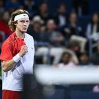 Andrey Rublev celebrates a 6-4, 6-2 victory over Matteo Arnaldi of Italy to reach the ATP Montreal Masters final