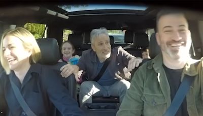 Jon Stewart surprises Jimmy Kimmel's kids on drive to school, sings along to Olivia Rodrigo